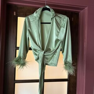 Satin Tie-Front Top with Feather Cuffs from Rumors